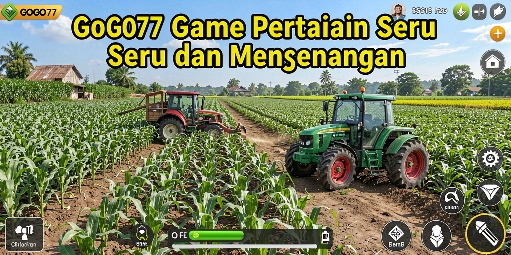 Screenshot GOGO77 menampilkan pemain mengelola pertanian dengan berbagai tanaman dan hewan.