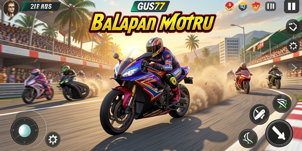 Screenshot GUS77 menampilkan balapan motor seru di trek spektakuler.