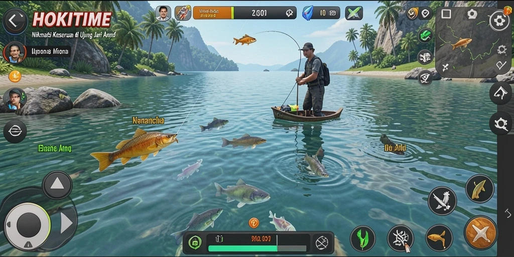 Screenshot gameplay HOKITIME menampilkan aksi memancing yang seru.