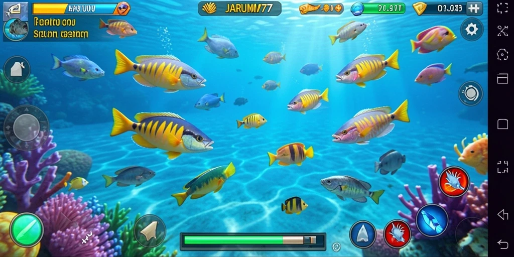 Tampilan gameplay seru di JARUM77 saat menembak ikan.
