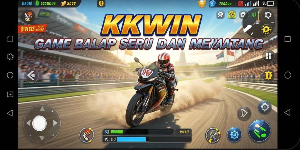 Tangkapan layar utama KKWIN dengan aksi balap yang menegangkan.