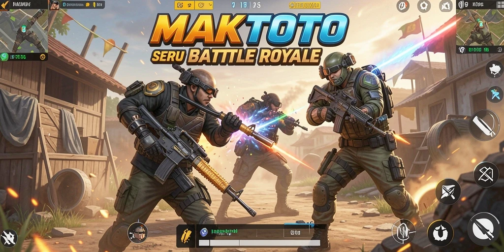 Screenshot gameplay MAKTOTO menunjukkan aksi Battle Royale yang mendebarkan.
