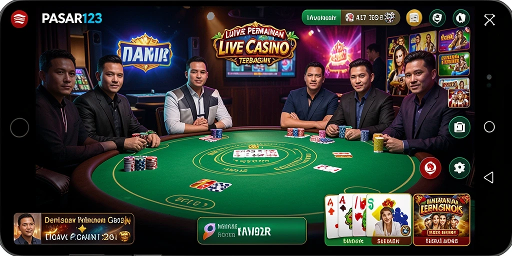 Screenshot gameplay PASAR123 menampilkan dealer dan pemain dalam suasana live casino yang seru.