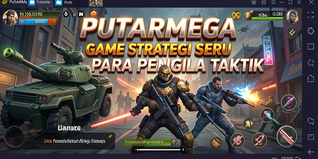 Screenshot utama PUTARMEGA menampilkan pertempuran intens dan taktik menarik.