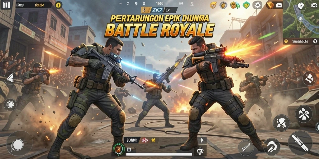 Screenshot gameplay menampilkan aksi nyata dari pertempuran Battle Royale.
